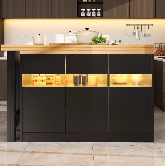 Tavolo bar allungabile girevole con LED; 120-180 cm; MDF; nero e naturale