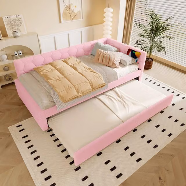 Letto divano singolo 90 × 200 cm, letto estraibile, USB, porta Type-C e lampada, senza materasso, bouclé rosa