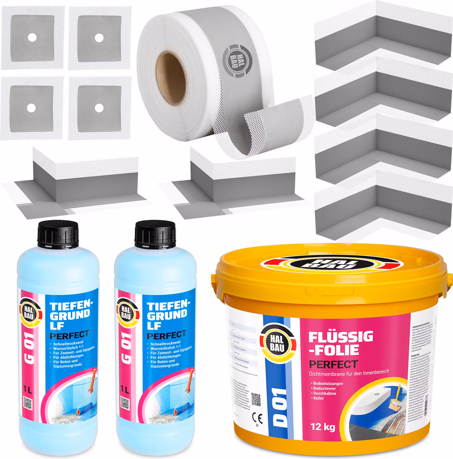 Kit di sigillatura: membrana liquida da 12 kg, nastro sigillante da 15 metri, angolari di sigillatura, primer per superfici porose, H33