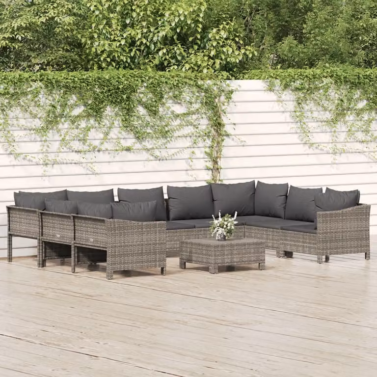 The Living Store Set da giardino da 10 pezzi con cuscini in poly rattan grigio