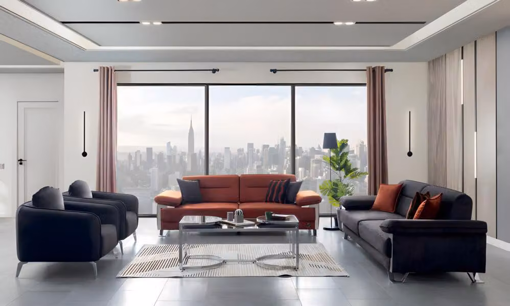 Sofagarnitur 3+3+1+1 Sitzer Modern Schwarz Terrakotta Stoff Chromfüße Design