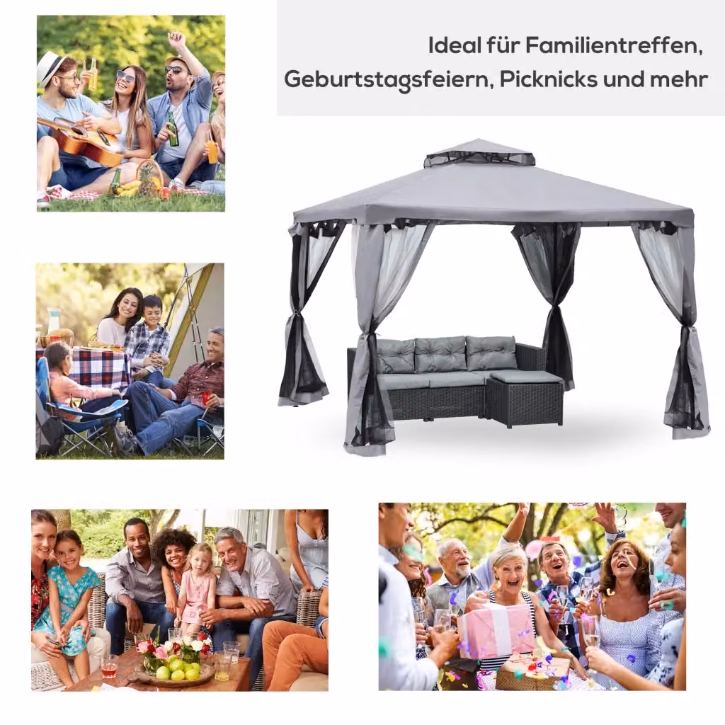 Gazebo da giardino OKWISH con doppio tetto a capanna, struttura in metallo e pareti in rete antizanzare in poliestere, colore grigio antracite, L/P/H: 294 x 294 x 265 cm – 2