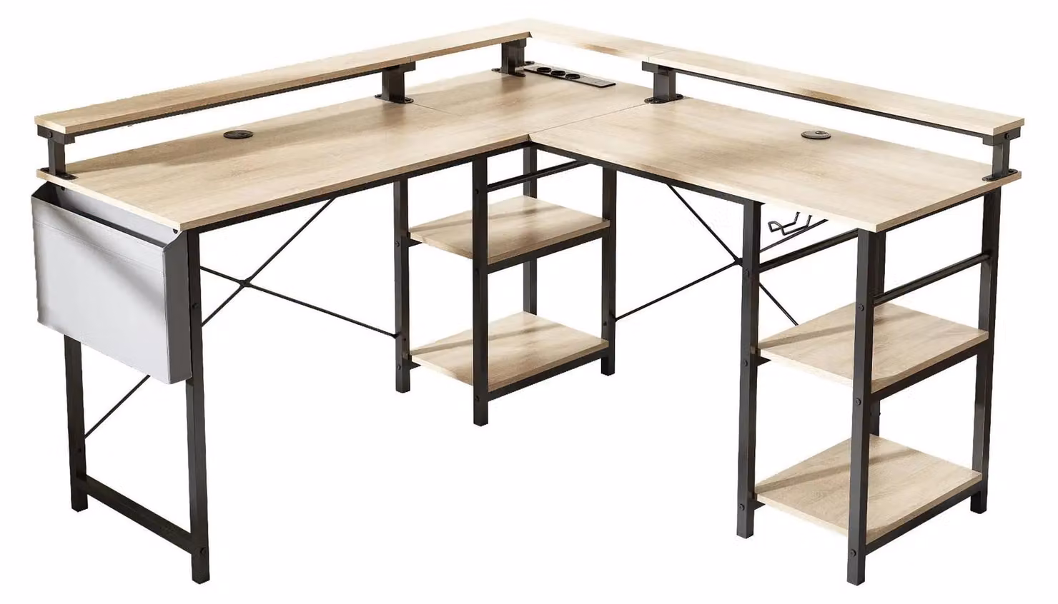 Scrivania a forma di L per computer - Scrivania per PC - Piano in legno - Struttura in metallo - Con spazio contenitivo - Struttura avvitata - Assemblaggio richiesto