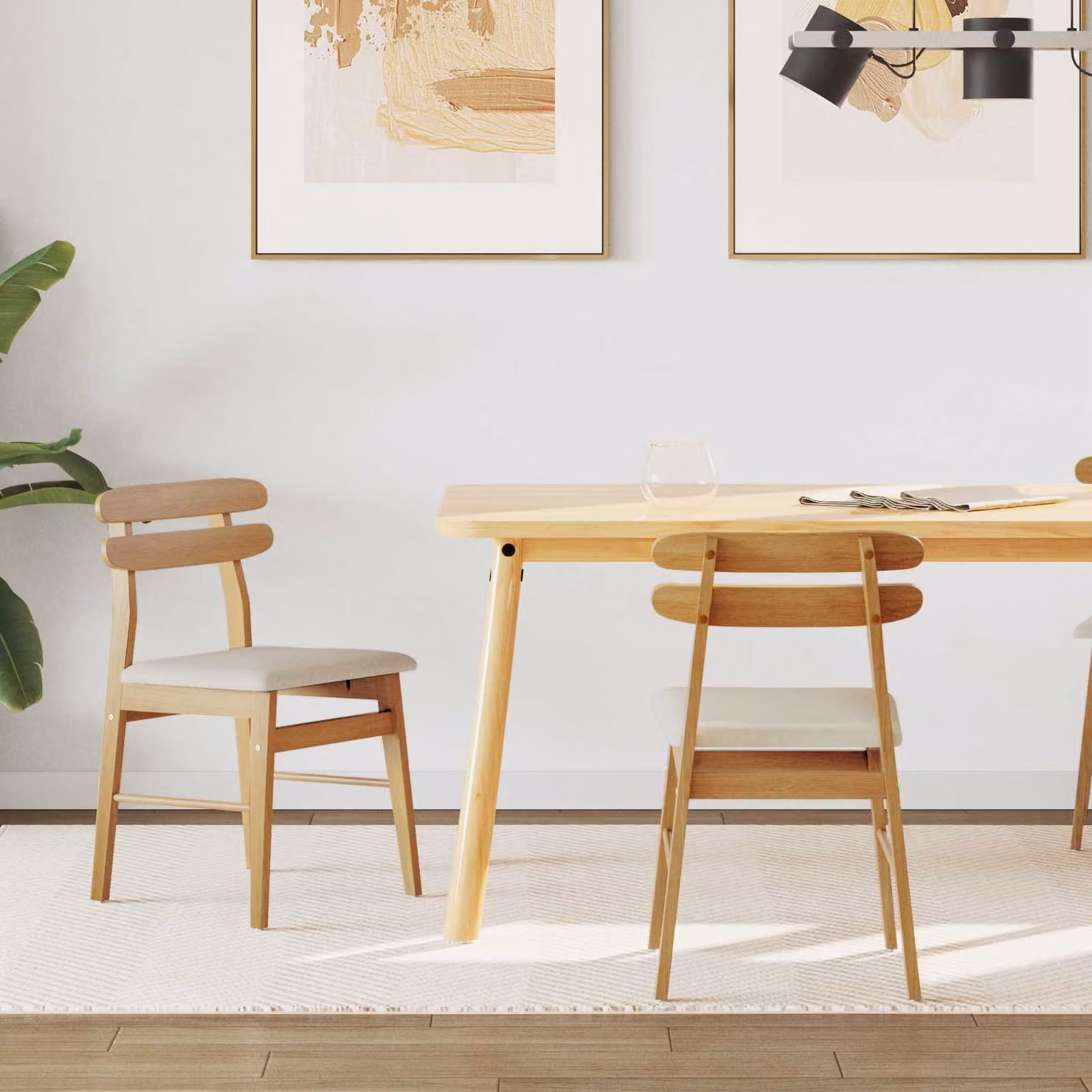 Set di 2 sedie da pranzo vidaXL in legno di gomma naturale e beige con seduta in tessuto