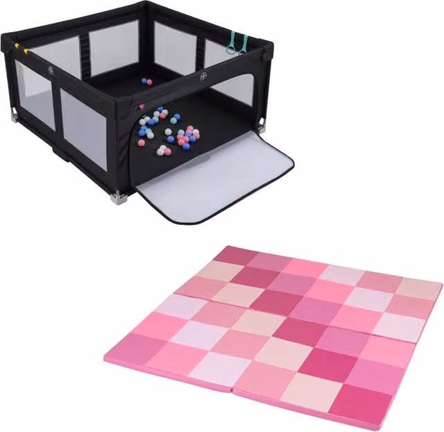 Box pieghevole per bambini e tappetini da gioco set 2 pz, Recinto per bambini e tappetino attivit¨¤ patchwork per bambini Rosa
