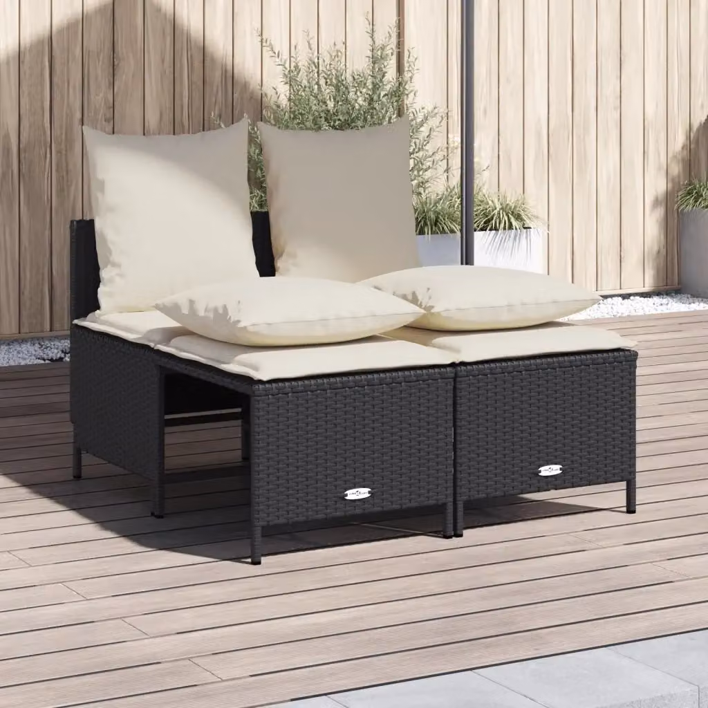 Set Salotto da Giardino Moderno in Polyrattan con Cuscini e Ottoman, Nero e Bianco – 2