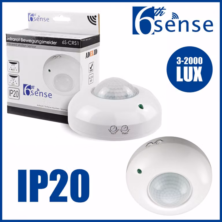 Sensore di movimento a infrarossi PIR, montaggio a soffitto o a parete, LED a 360°, portata 6 metri, colore bianco