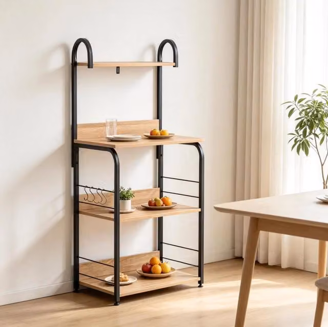 Scaffale da cucina ULEVR 60x40x125 cm con 3 ripiani, vassoio e 4 ganci, acciaio e effetto legno naturale nero