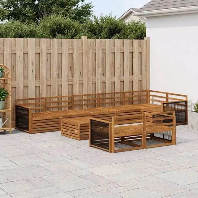 Set di divani da esterno vidaXL a forma di U in legno di acacia marrone con 9 pezzi e cuscini inclusi – 1