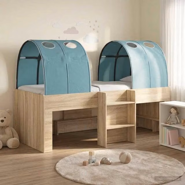 Letto singolo rialzato con struttura a casetta e scala vidaXL, colore blu, L/P/H: 193 x 90 x 120 cm