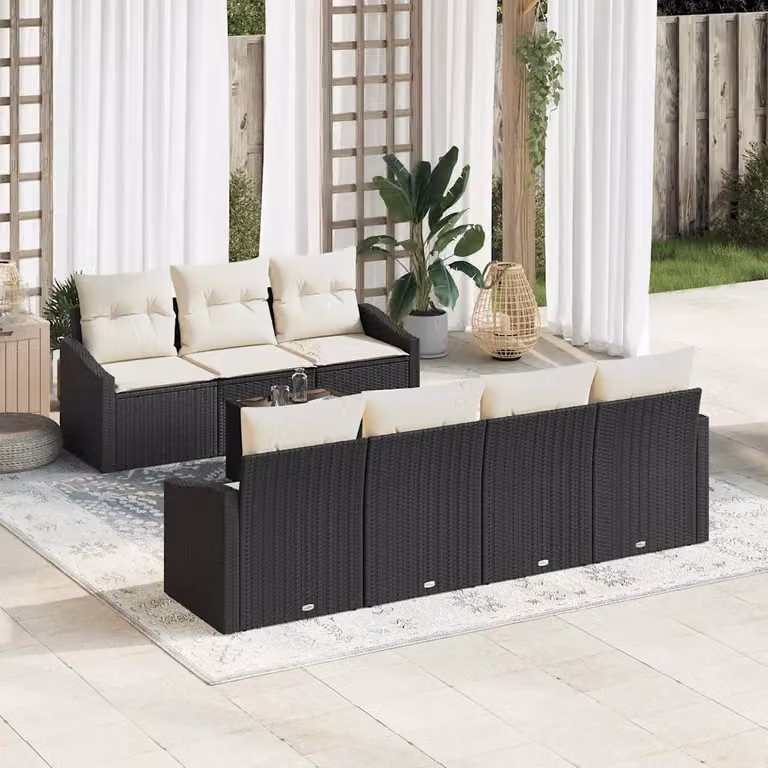Set di divani da giardino vidaXL in rattan e metallo con cuscini, 8 pezzi, Nero e Beige