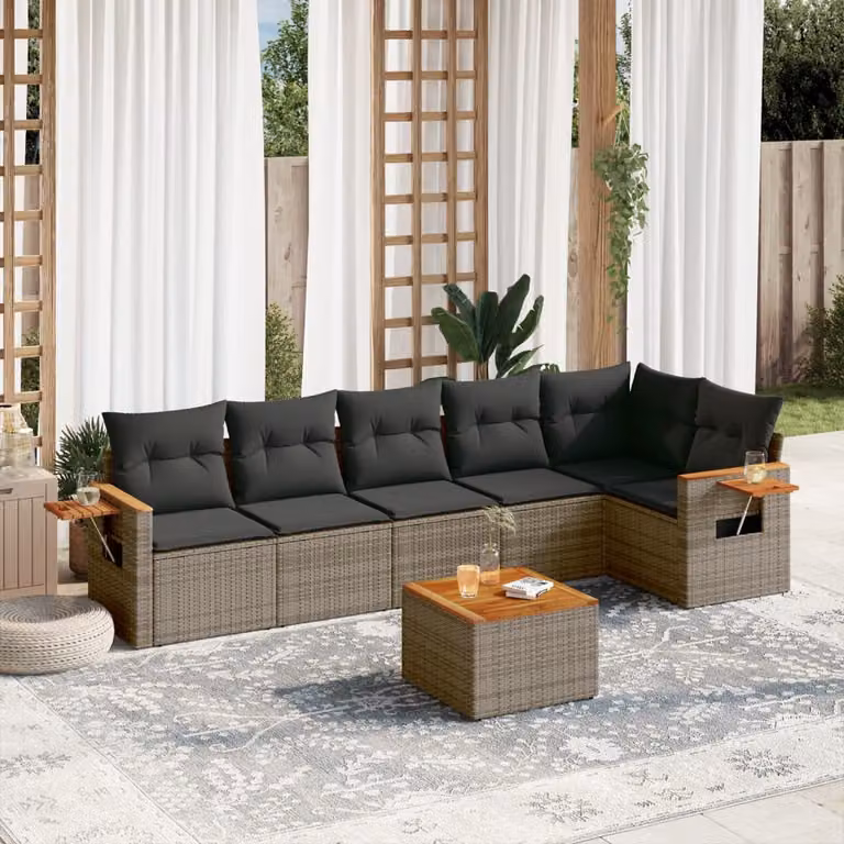 vidaXL Set Divani da Giardino a L 7 pz in Polyrattan Grigio con Cuscini e Tavolino