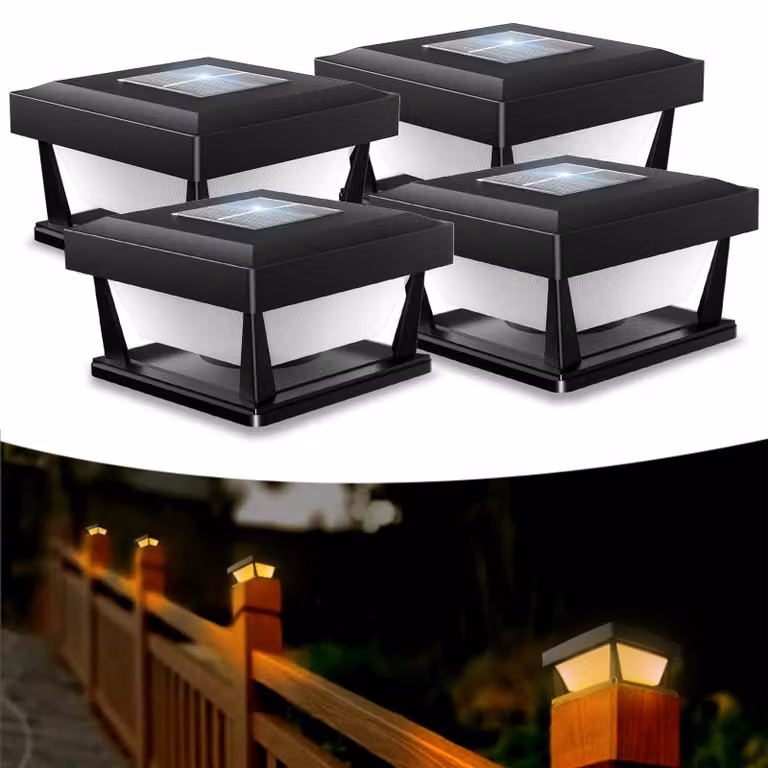 4 lampioni solari, grado di protezione IP65, luce bianco caldo, dimensioni 7-10 x 10 cm, montati su palo in legno