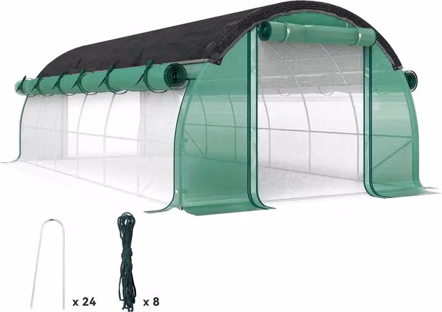 Outsunny Serra a Tunnel Verde con Rete Parasole, Pareti a Rullo e Telaio in Acciaio, L: 6 m, P: 3 m, H: 2 m – 1