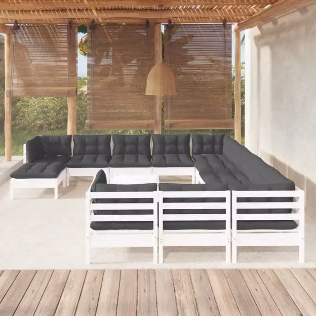 Set di Divani da Giardino a Forma di U vidaXL in Legno di Pino con Cuscini Bianchi e Antracite, 13 Pezzi – 1