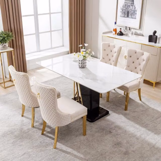 Sedie da pranzo imbottite set di 4 con anello decorativo e borchie gambe regolabili in acciaio dorato velluto beige