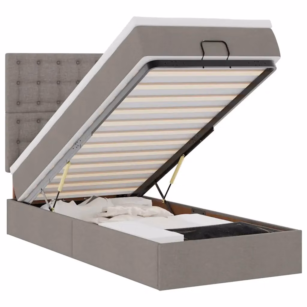 Letto con contenitore a sollevamento vidaXL in tessuto beige, grigio e bianco, L 90 x P 190 cm – 2