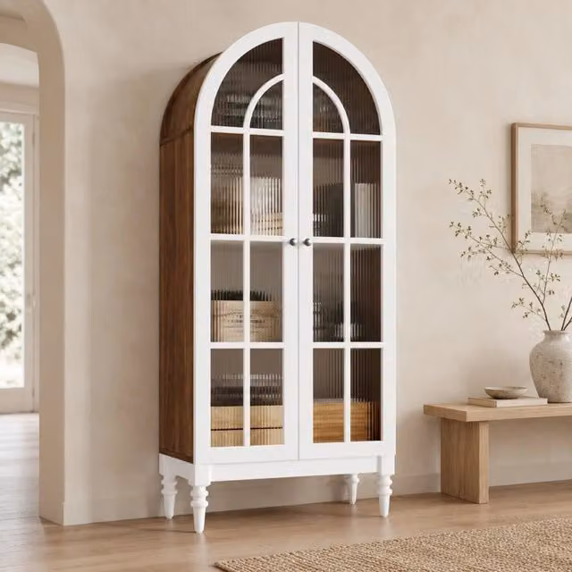 Vetrina con 2 ante in vetro scanalato e 3 ripiani stile vintage per soggiorno in MDF bianca 76 × 38,5 × 165 cm