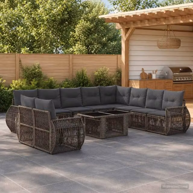 Set Divano da Giardino vidaXL 11 Pezzi a Forma di U in Polyrattan Grigio e Antracite con Cuscini Rimovibili e Tavolino da Esterno