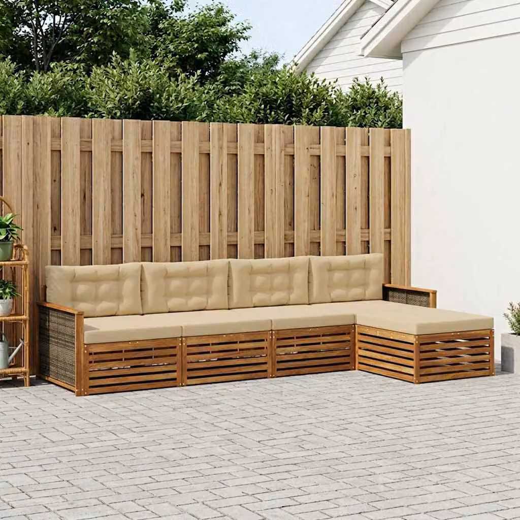 Set di divani da esterno vidaXL a forma di L in legno di acacia con pouf e cuscini, colore beige e marrone