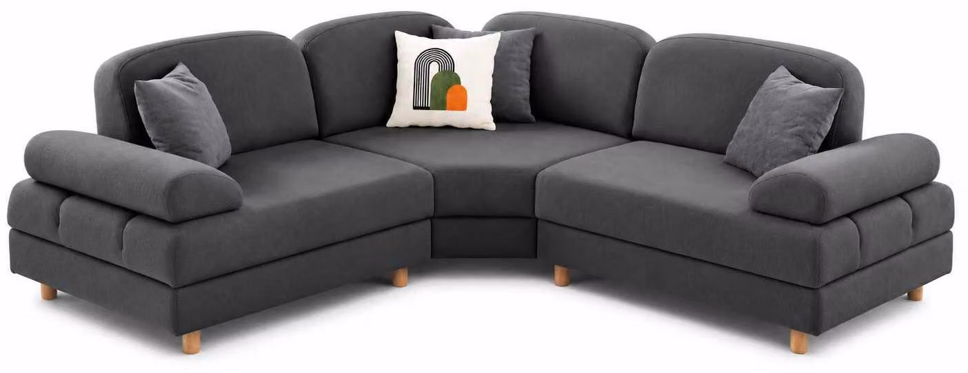 Divano angolare moderno, elegante, di colore grigio scuro, con imbottitura morbida e confortevole, ideale per il soggiorno