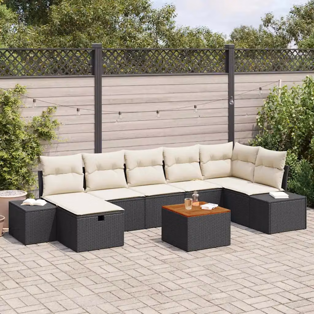 Set Divano da Giardino L-Shape vidaXL Nero 8 Pezzi con Cuscini e Tavolino in Polyrattan e Metallo – 1