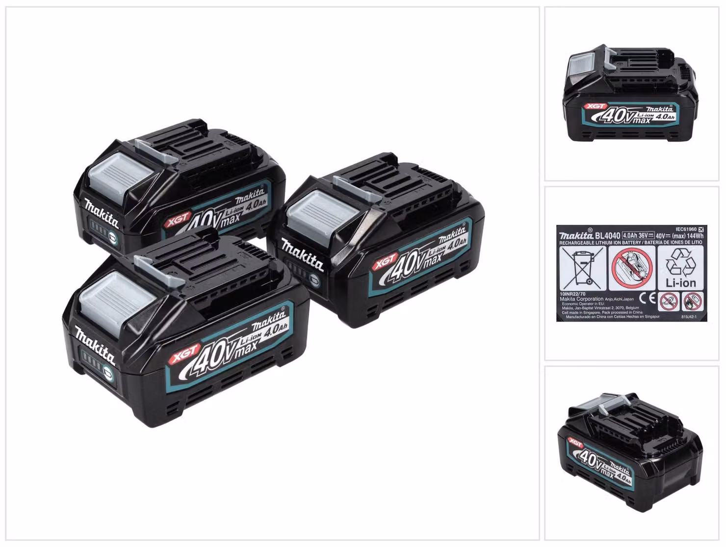 Set di batterie Makita 3x BL 4040 40 V max. 4,0 Ah XGT Li-Ion ( 3x 191B26-6 ) Classe di protezione IP64 con display LED