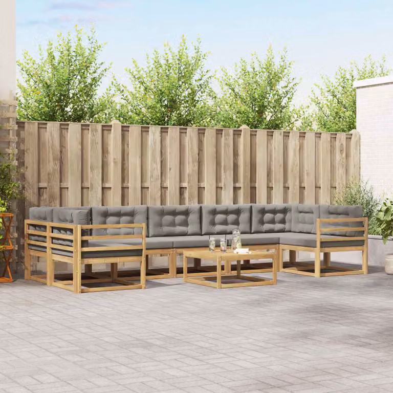 vidaXL Set di divani da esterno a L in legno di acacia con tavolino e cuscini, Bianco e Grigio