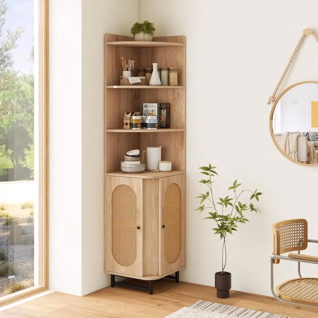 Armadietto Angolare Costway in Legno e Rattan Marrone con 2 Ante e Ripiani Regolabili, Altezza: 172 cm, L/P: 40 x 40 cm – 2