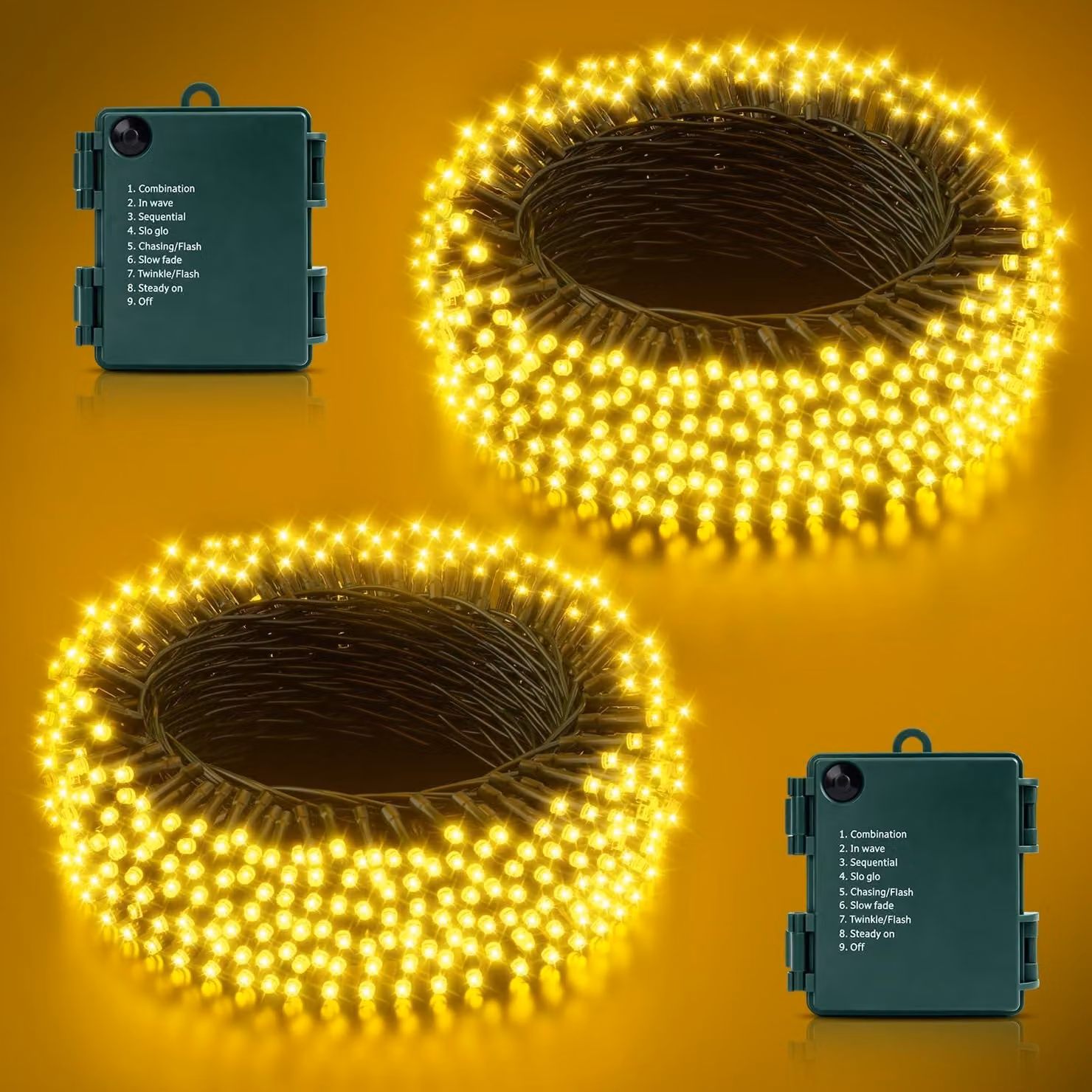 Catena luminosa a LED, 21 metri, 210 LED bianco caldo, alimentazione a batteria, grado di protezione IP44
