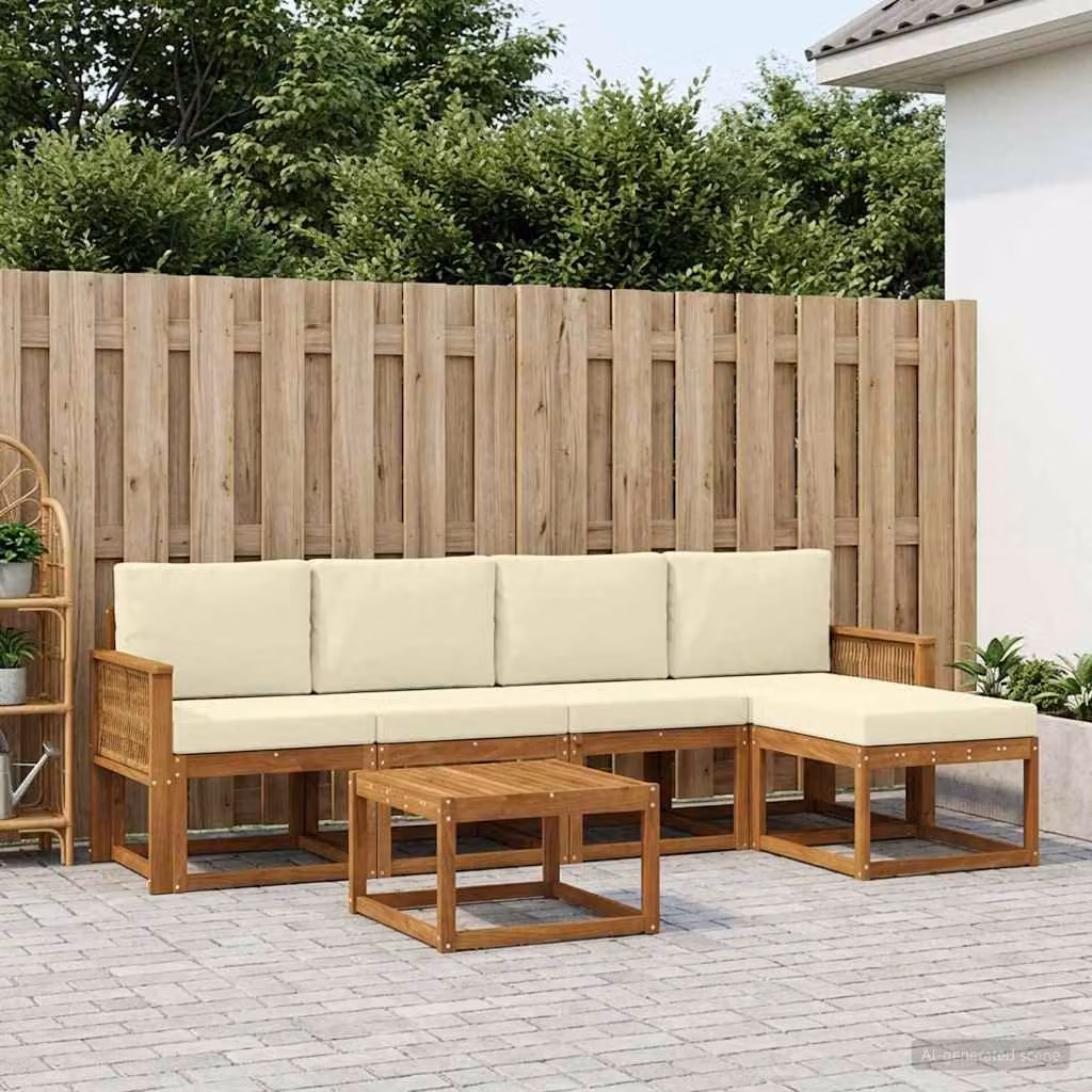 Set di divani da esterno vidaXL a forma di L composto da 6 pezzi con tavolo da caffè e pouf in legno di acacia naturale e beige