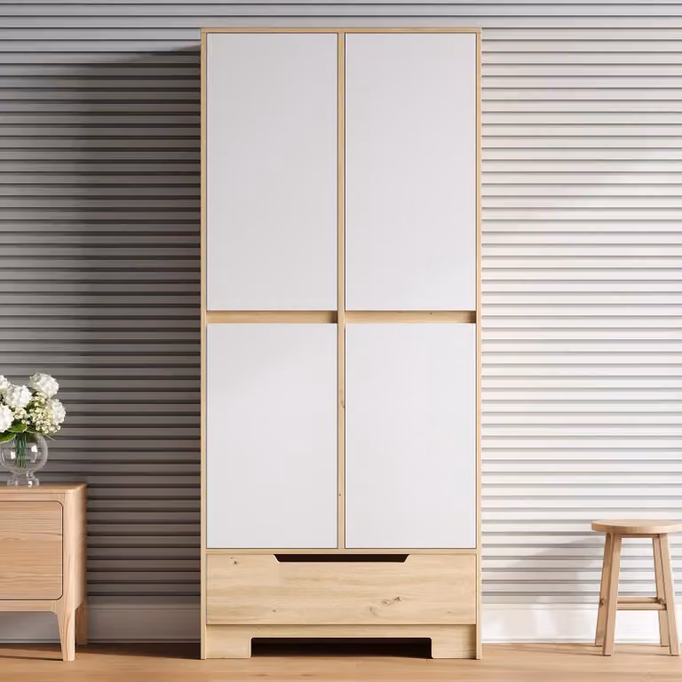Armadio da cucina con cassetto e ante, dispensa con ripiani, mobile alto con vani a giorno e spazio contenitivo, dimensioni 80x35x180 cm, colore bianco e naturale, materiali: MDF e pannello di fibra a media densità