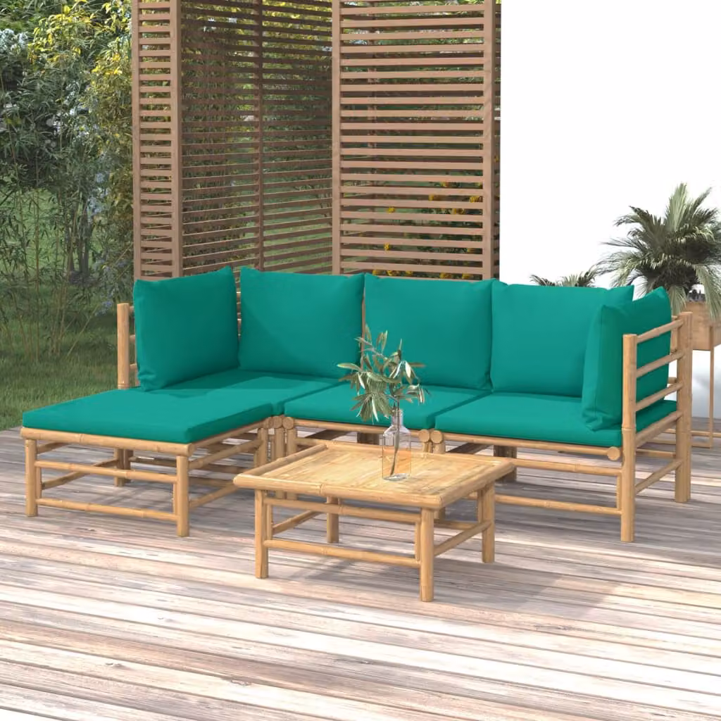 Set Salotto da Giardino vidaXL in Bambu con Cuscini Verdi e Marroni, Design Moderno a L con Tavolino e Pouf