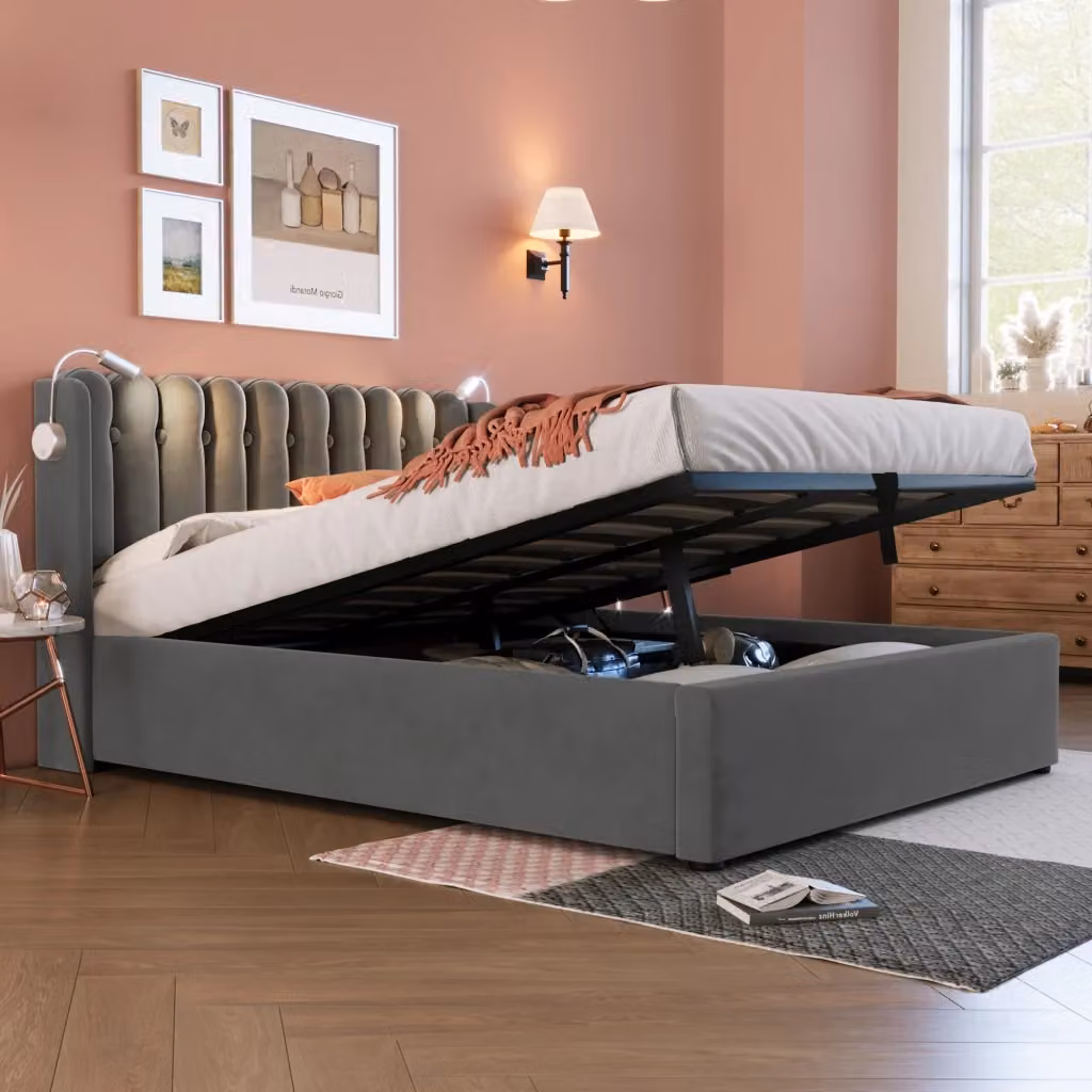 Letto Contenitore Matrimoniale in Velluto Grigio con Porte USB, Lampada da Lettura e Vano Contenitore, L/P/H: 160 x 200 x 103 cm – 2