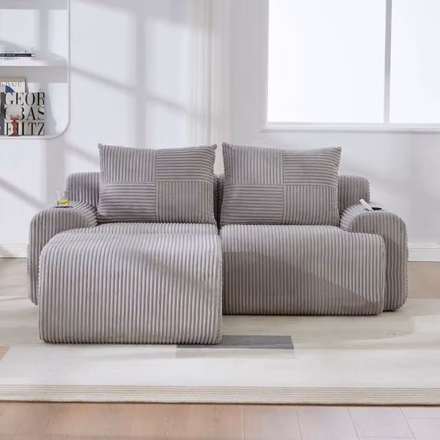 Divano 2 posti con poggiapiedi ¨C Minimal ¨C Tessuto grigio chiaro con contenitore e porta bibite