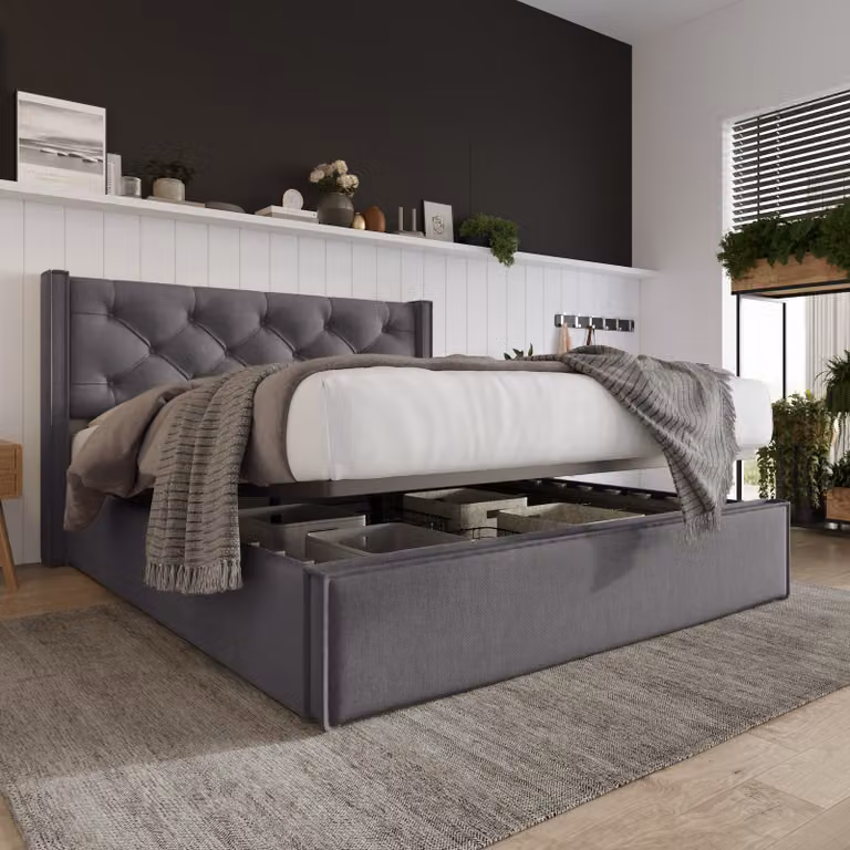 Letto per ragazzi STILVORA 140x200 cm, letto imbottito con testiera alta, letto con contenitore e rete a doghe con struttura in metallo, grigio (senza materasso)