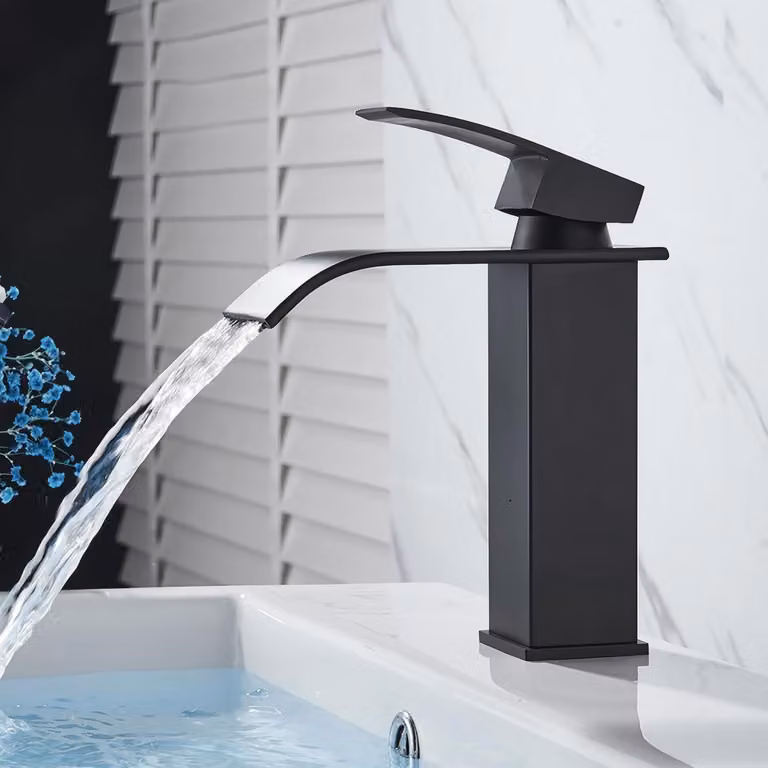Miscelatore monocomando a cascata per lavabo, in ottone e acciaio inossidabile, colore nero, a risparmio idrico