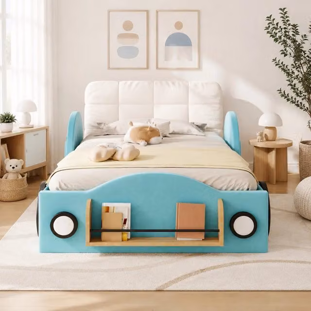 Letto 90x200 cm blu con contenitore idraulico, testiera imbottita, senza materasso