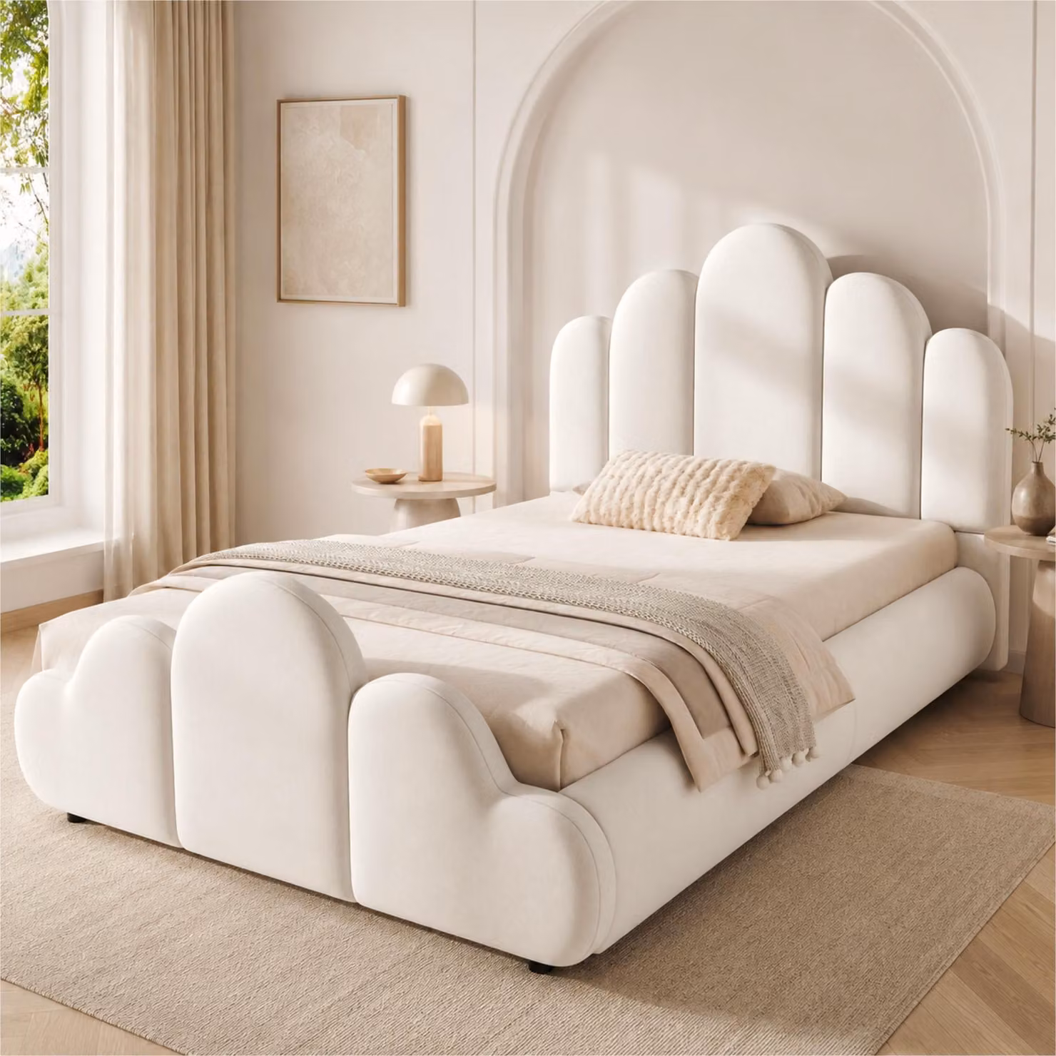 Letto imbottito 90x200 cm con testiera imbottita, letto per ragazzi/bambini con rete a doghe, letto singolo in legno con rivestimento in velluto, color beige