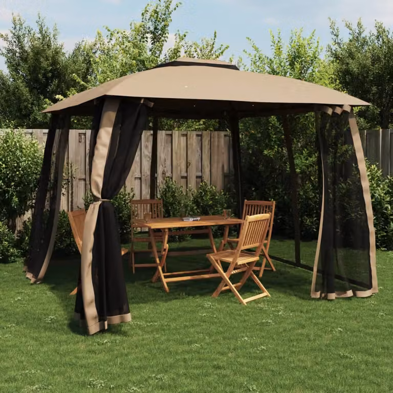 Gazebo vidaXL con tetto a capanna e pareti in rete con finestre, Acciaio e Poliestere, L/P: 293 x 293 cm, H: 280 cm