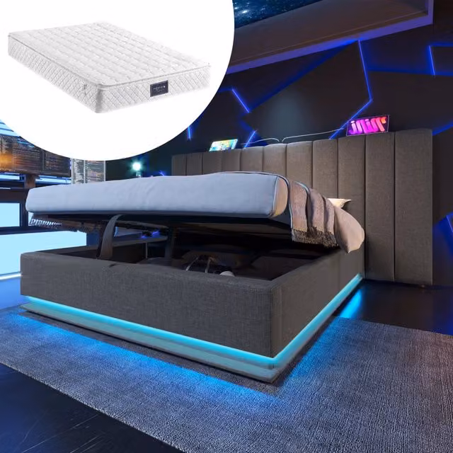Letto contenitore matrimoniale 160 × 200 cm con LED 360°, 3 USB e Type-C, senza materasso, in lino, grigio