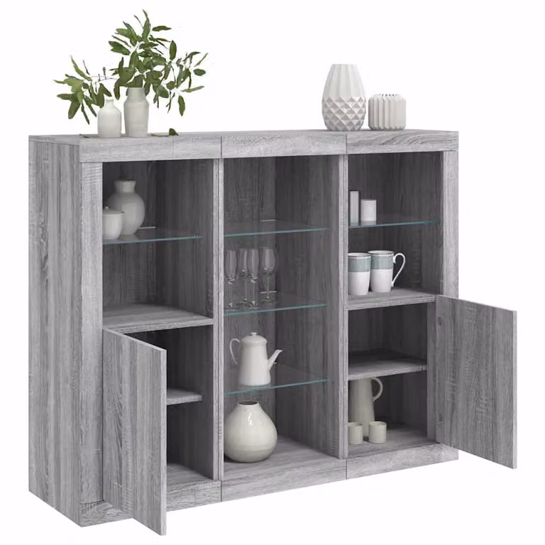 Set di 3 credenze moderne vidaXL con luci LED integrate in legno multistrato, colore grigio