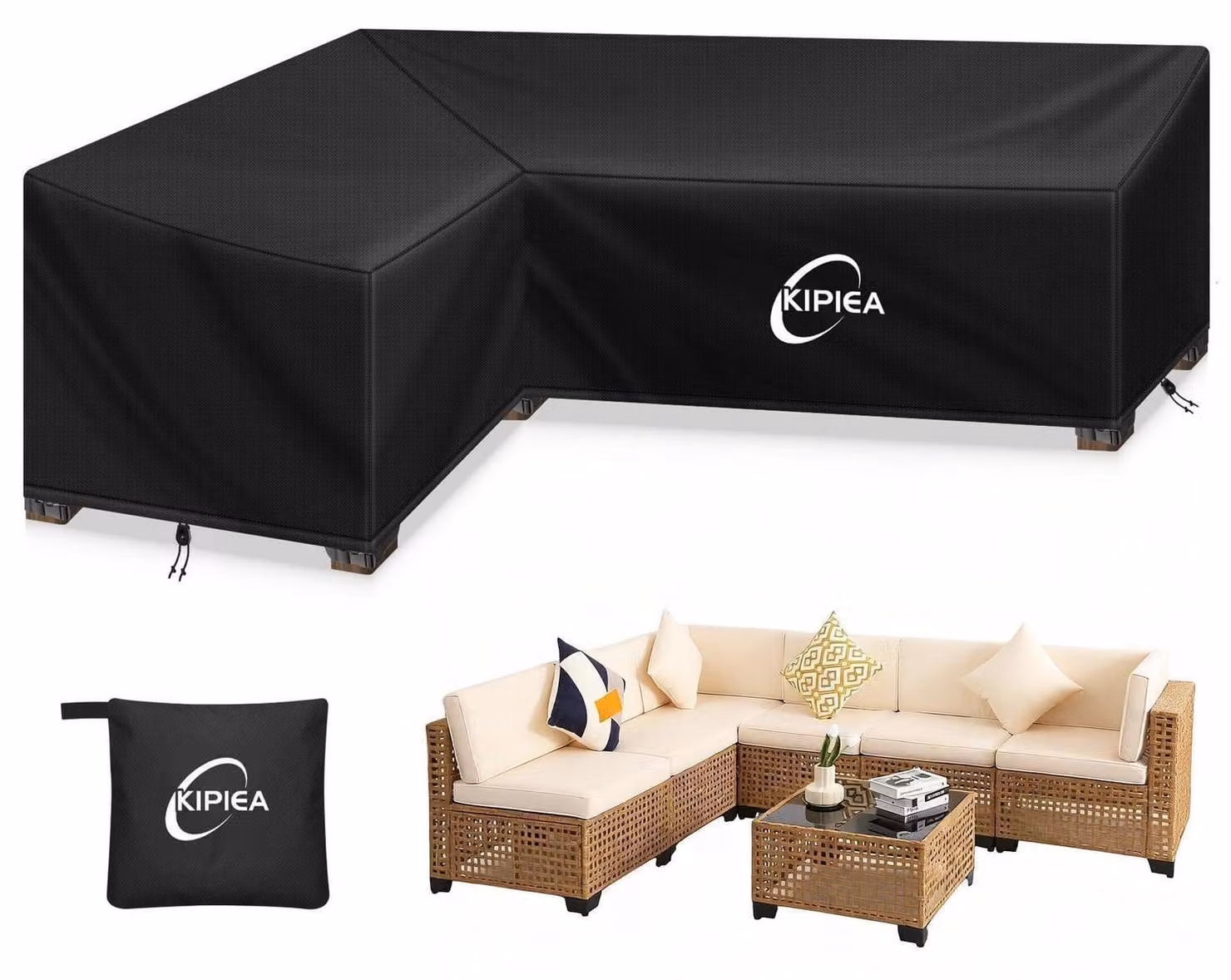 Copertura per mobili da esterno a forma di L, impermeabile, resistente alle intemperie invernali, realizzata in tessuto 420D, antivento, resistente allo strappo e con protezione anti-UV. Dimensioni: 147x198x85 cm