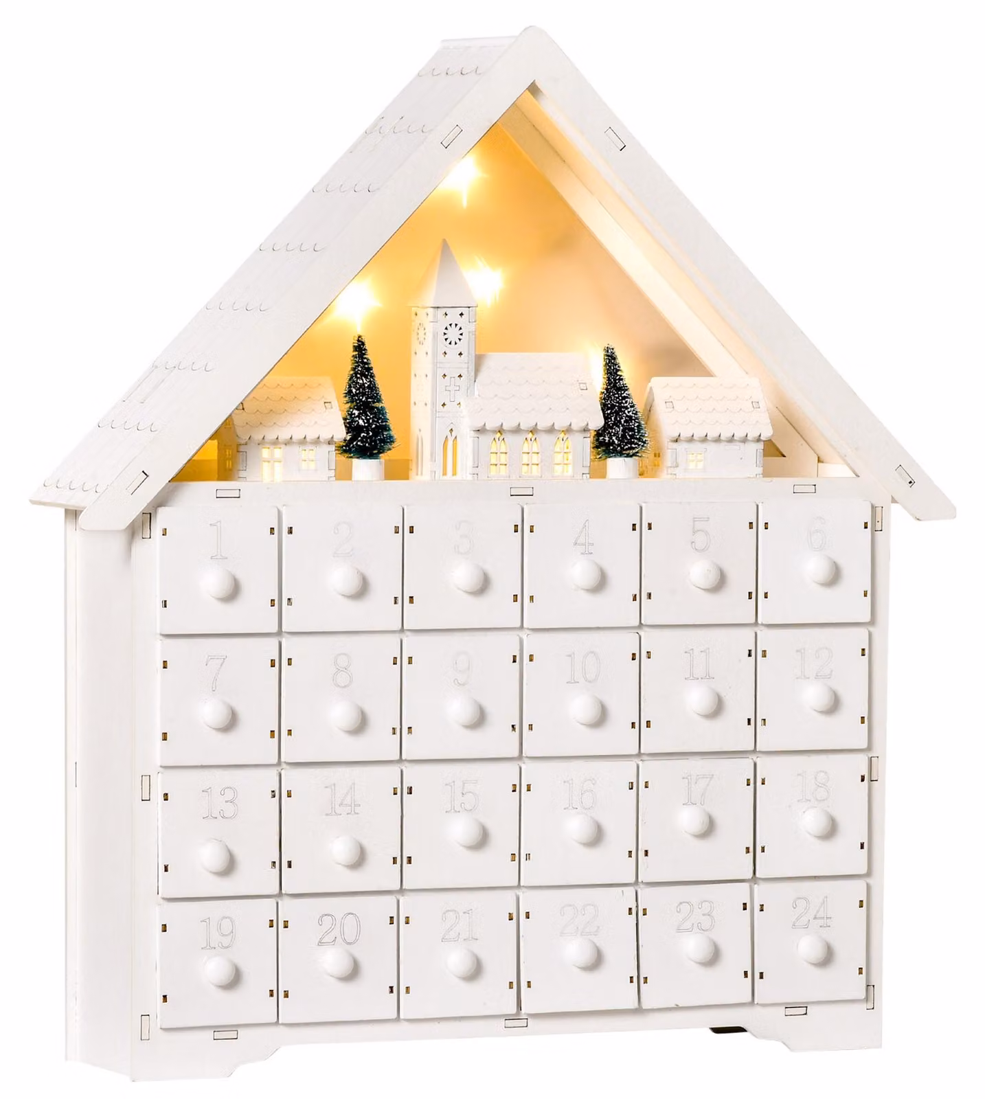 Calendario dell'Avvento 39x9x42 cm 24 Cassetti Villaggio di Natale con Alberi e Luci Bianco