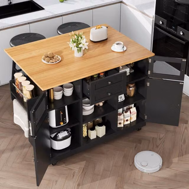 Carrello da cucina con piano pieghevole 2 cassetti ante regolabili e portasciugamani in MDF nero con ruote girevoli