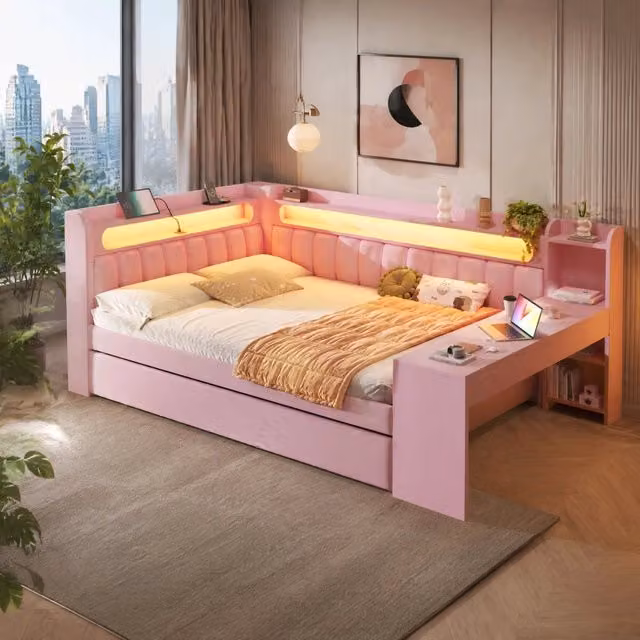 Letto da giorno imbottito 140x200 cm con letto estraibile; scrivania; LED e USB; rosa