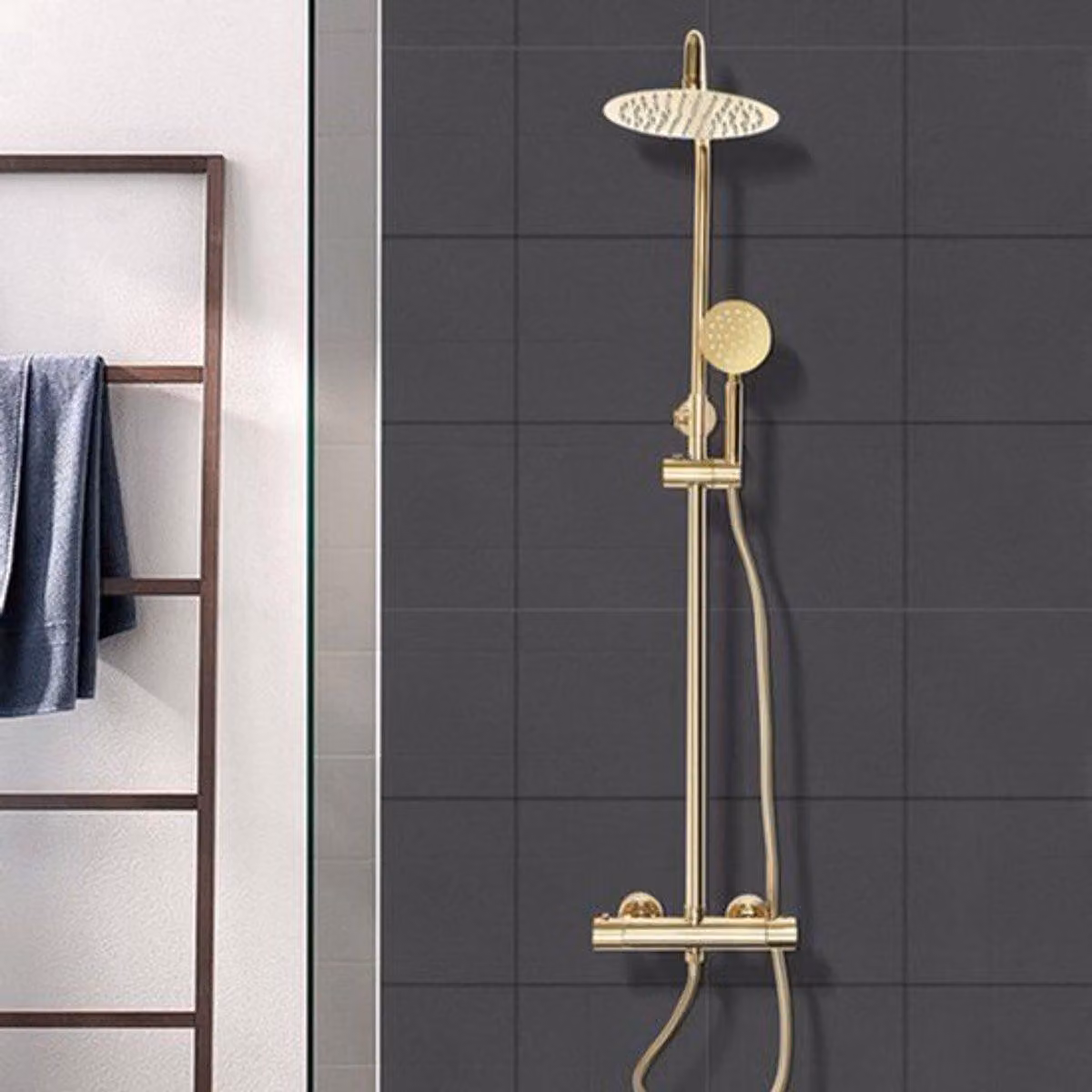 Set doccia con soffione a pioggia - Ottone - Miscelatore termostatico - Regolabile in altezza - Acciaio inossidabile