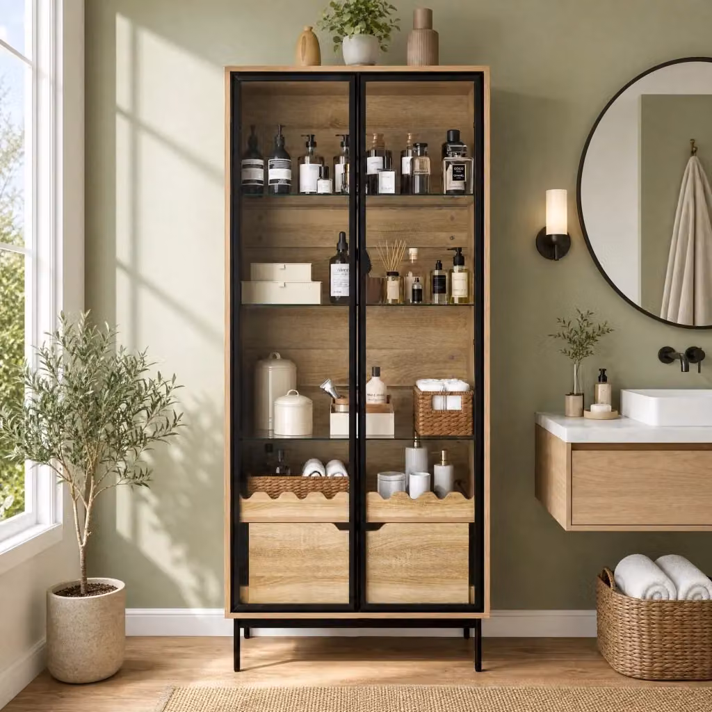 Mobile contenitore alto FOLYNA moderno con ante in vetro, ripiani regolabili e cassetto, finitura nero e naturale in MDF con piedi in metallo – 2