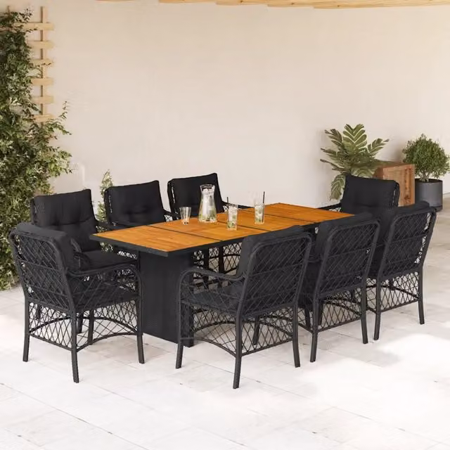 Set da pranzo da giardino vidaXL in polyrattan nero con tavolo in legno di acacia e 9 pezzi