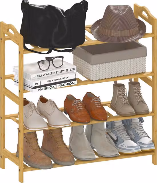 Scaffalatura porta-scarpe HOMCOM in bambù a 4 livelli, capacità 12 paia, effetto legno naturale, L: 67,5 cm, P: 24,7 cm, H: 72 cm